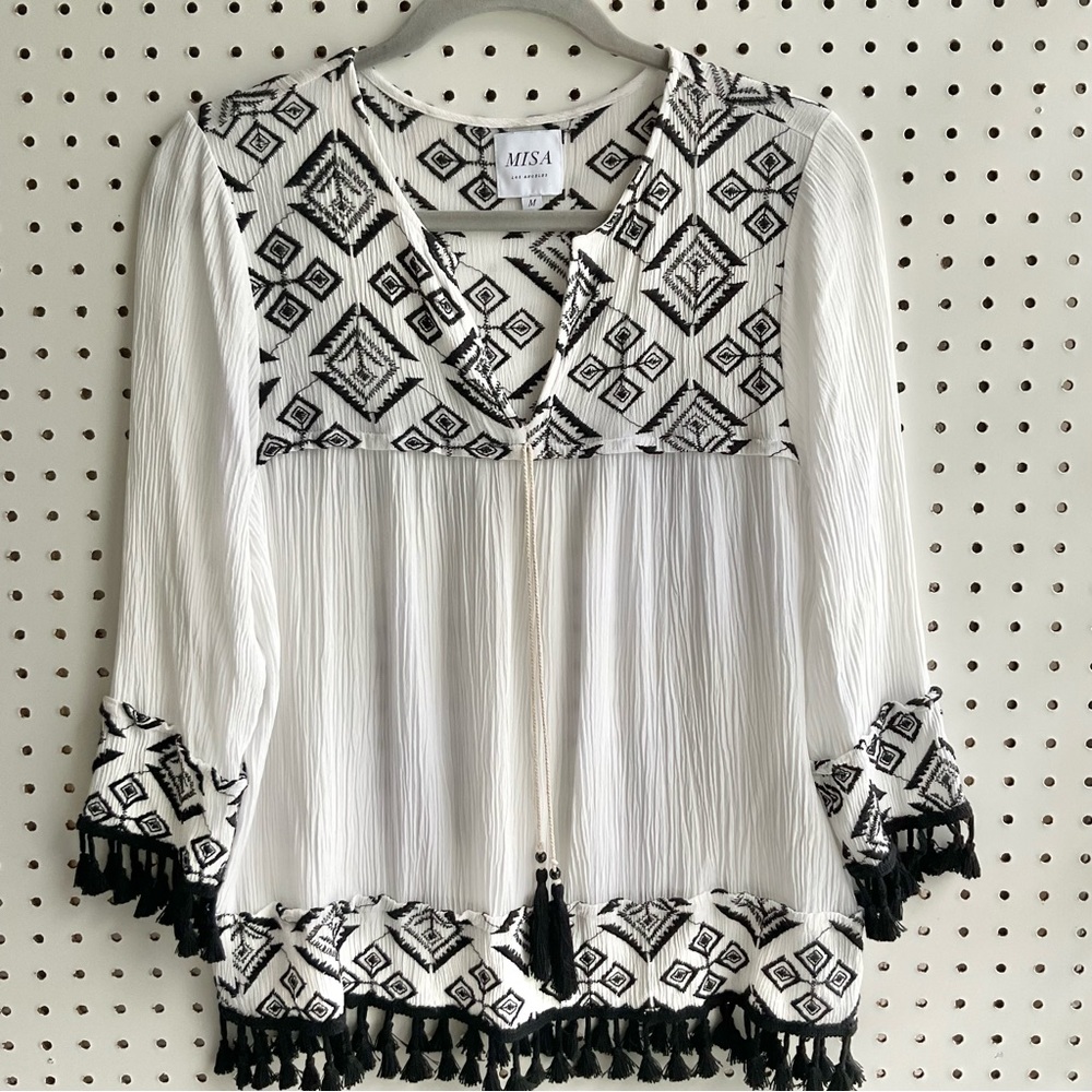 Misa Boho Gauze Embroidered Tasell Long Sleeve Blouse Size Medium White